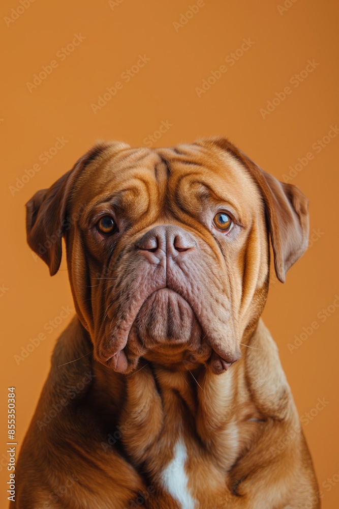 Obraz premium Dogue de Bordeaux dog on minimalistic colorful background with Copy Space. Perfect for banners, veterinary ads, pet food promotions, and minimalist designs.
