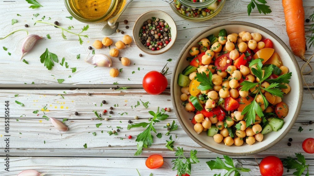 delicious fresh vegetable salad close-up, top view, simple recipes, perfect for a cooking school website or simple home recipe articles, copy space, place for text