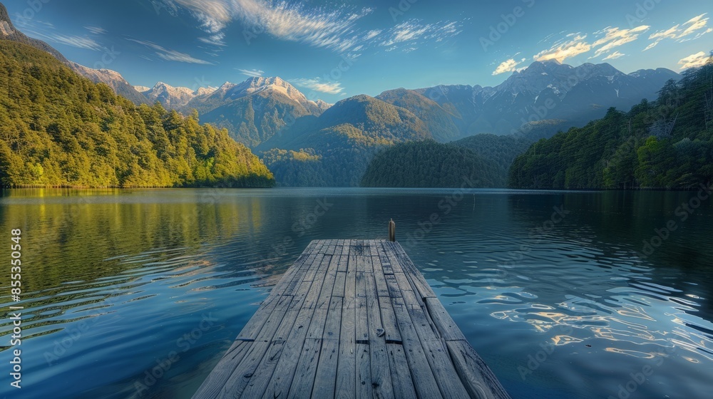 Serene Lakefront with Wooden Pier, Mountainous Landscape and Clear Skies - Nature Photography for Peaceful Scenery