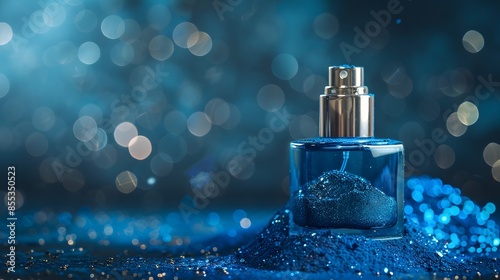 blue perfume flacon and coloroful blue pigment powder , cosmetic bottle presentation mockup, bokeh background