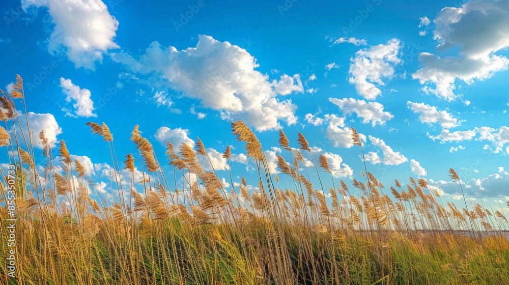 Tranquil Plains with Tall Grass and Fluffy Clouds at Sunset Tranquil Plains with Tall Grass and Fluffy Clouds at Sunset