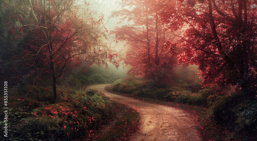 Naklejka premium Autumn Forest Scene: Narrow, Winding Path through Red-Hued Trees with Overcast Skies