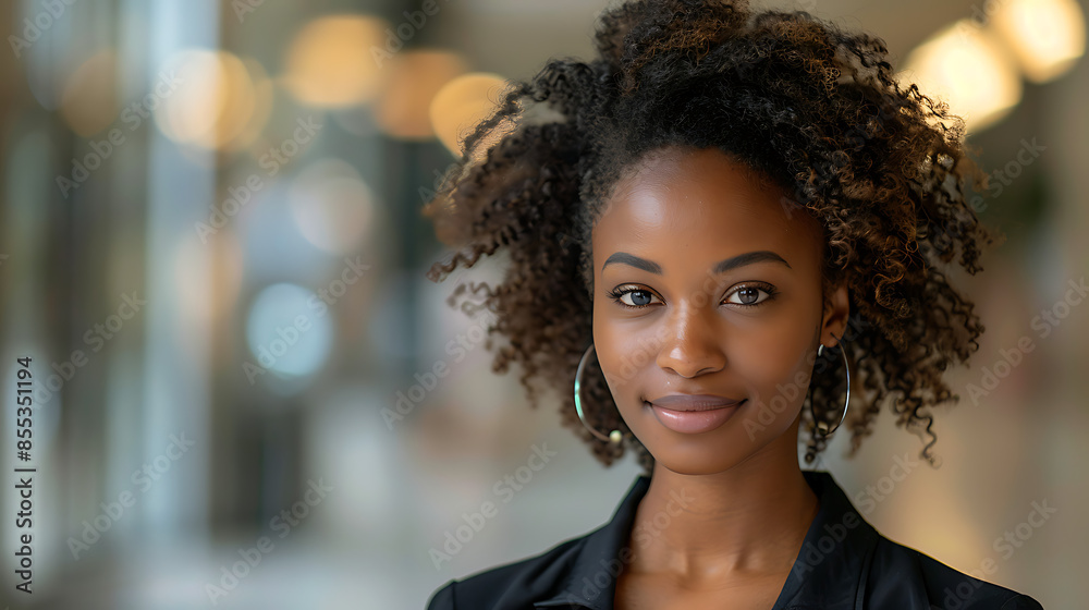 Happy Black Businesswoman Portrait: Modern Office Background, Professional Attire Happy Black Businesswoman Portrait: Modern Office Background, Professional Attire