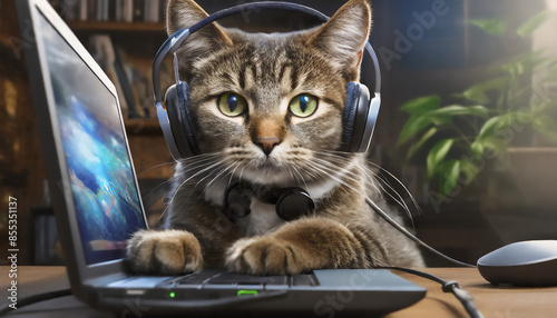 Eine schlaue Katze mit einem Headset sitzt vor einem Laptop, die Pfoten auf der Tastatur photo