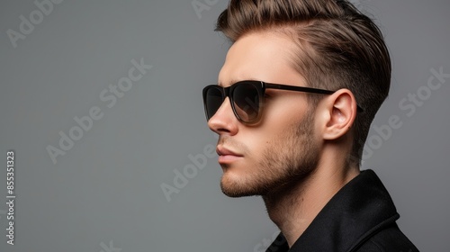 Stylish man with sunglasses posing against grey background viewed from the side © pngking