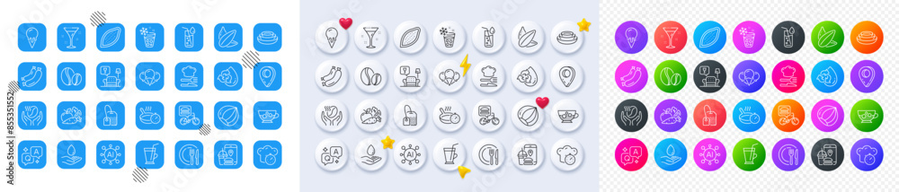 Hazelnut, Sunflower seed and Cold coffee line icons. Square, Gradient, Pin 3d buttons. AI, QA and map pin icons. Pack of Coffee beans, Ice creams, Food delivery icon. Vector Hazelnut, Sunflower seed and Cold coffee line icons. Square, Gradient, Pin 3d buttons. AI, QA and map pin icons. Pack of Coffee beans, Ice creams, Food delivery icon. Vector