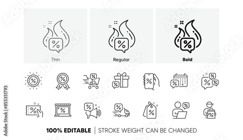 Sale Coupon, Online shopping sign, Discount price tag. Discounts line icons. Wholesale store market, calendar, hot deal line icons. Coupon ticket, megaphone offer, delivery discount. Vector