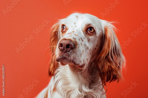 English Setter dog on minimalistic colorful background with Copy Space. Perfect for banners, veterinary ads, pet food promotions, and minimalist designs. © Darya