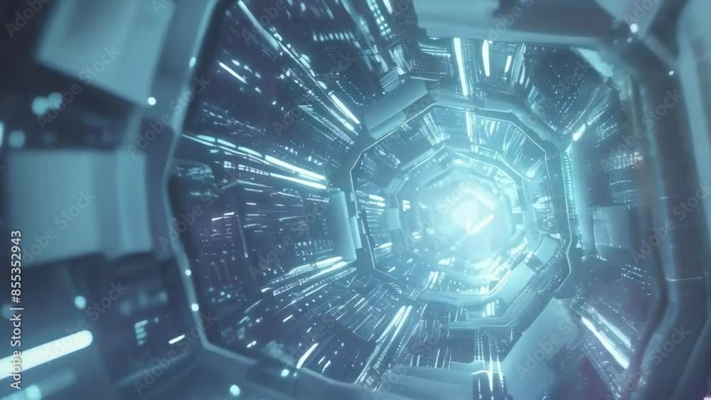 A futuristic sci-fi tunnel with glowing blue lights and hexagonal patterns, giving a sense of speed and technology. The perspective suggests movement forward. The image is digitally created, likely A futuristic sci-fi tunnel with glowing blue lights and hexagonal patterns, giving a sense of speed and technology. The perspective suggests movement forward. The image is digitally created, likely
