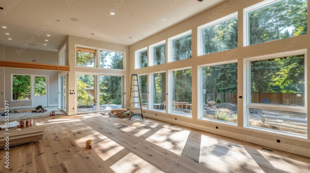 Fototapeta premium Elegant Open-Concept Living Room with Large Windows