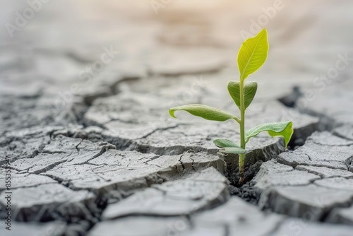 dry cracked earth with green plant growing environmental recovery concept illustration photo
