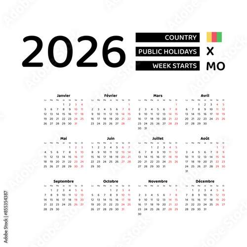 Guinea calendar 2026. Week starts from Monday. Vector graphic design. French language.