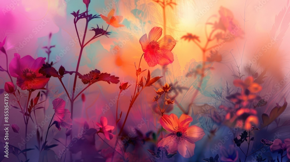 Vivid Sunset Over Flower Field: A Colorful, Textured Close-Up Photograph of a Field of Red and Orange Flowers with the Sun's Glow in the Background. Vivid Sunset Over Flower Field: A Colorful, Textured Close-Up Photograph of a Field of Red and Orange Flowers with the Sun's Glow in the Background.