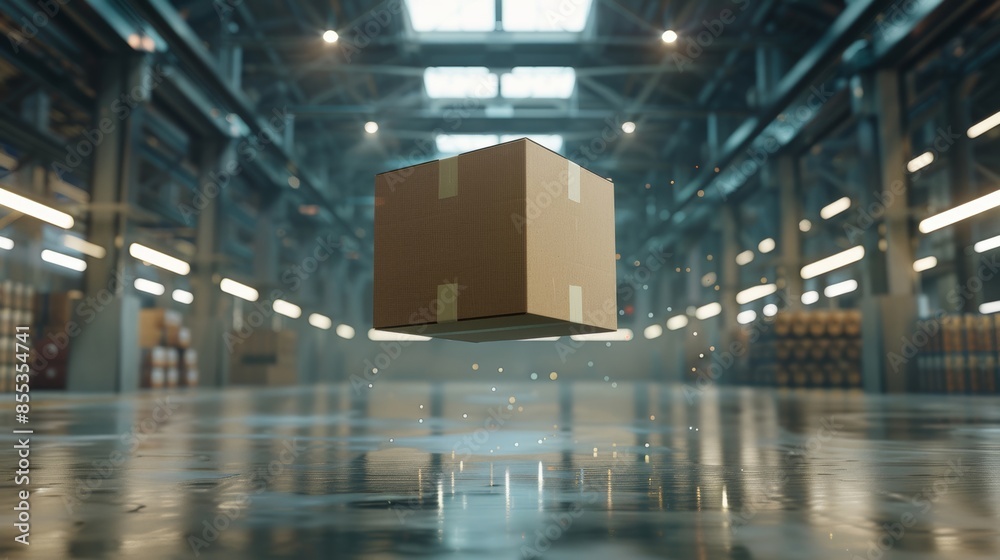 Cardboard box floating in modern warehouse, logistics and innovation concept Cardboard box floating in modern warehouse, logistics and innovation concept