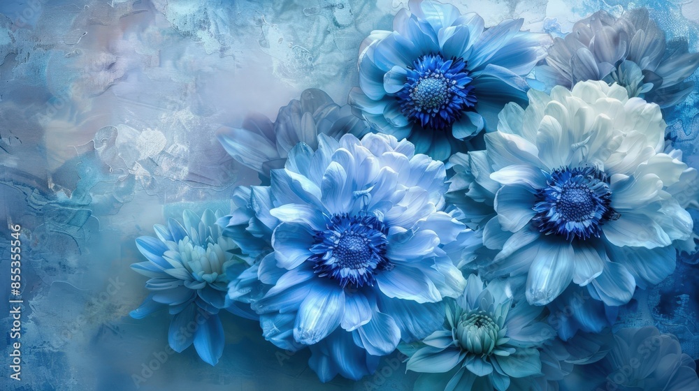 Stunning Bouquet of Blue Flowers in a Glass Vase on a Watercolor Background Stunning Bouquet of Blue Flowers in a Glass Vase on a Watercolor Background