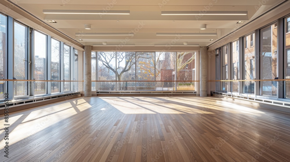 A spacious, well-lit dance studio with large windows overlooking a city park. The room features a wood floor and a ballet barre. A spacious, well-lit dance studio with large windows overlooking a city park. The room features a wood floor and a ballet barre.