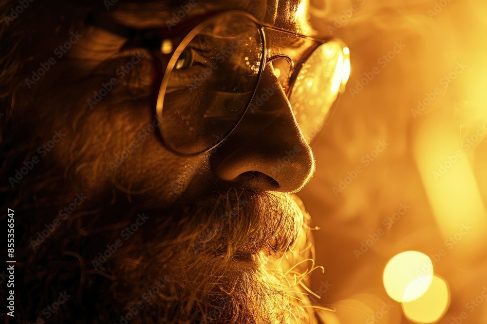 Fototapeta premium Deeply Contemplative Portrait of a Bearded Man in a Blurred Environment with an Out-of-Focus Background.
