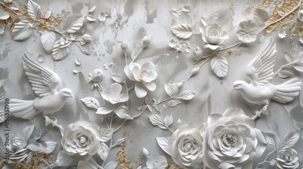 Elegant Wall Decor: White Floral Art with Gold Foil Birds and Doves Elegant Wall Decor: White Floral Art with Gold Foil Birds and Doves