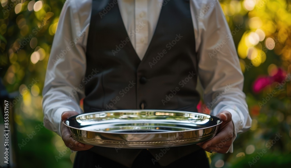 Professional Waiter Presenting a Shiny Tray Professional Waiter Presenting a Shiny Tray