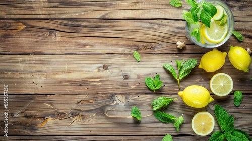 Lemonade with ginger, lemon and mint on a wooden background