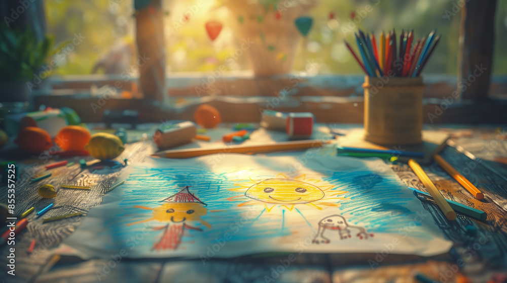 Children's drawing sun family with colored pencils depicting children's learning Children's drawing sun family with colored pencils depicting children's learning