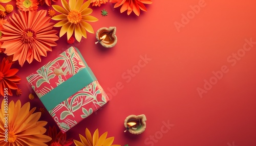 flat lay Diwali gift box decorated with bright colored paper and clay Diyas