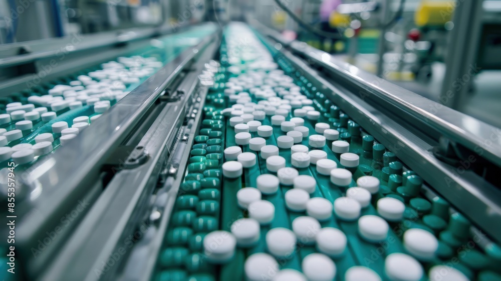 A conveyor belt with pills on it A conveyor belt with pills on it