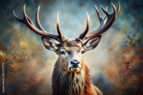 A stunning close-up portrait of a majestic stag with large antlers, set against a blurred, nature-inspired background.
