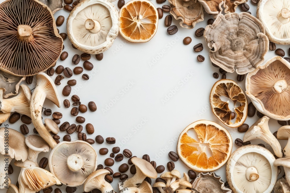 Mushroom Mosaic: A Unique Display of Culinary Artistry Featuring a Collection of Wild Mushrooms and Fresh Oranges Surrounded by Gourmet Coffee Beans. Mushroom Mosaic: A Unique Display of Culinary Artistry Featuring a Collection of Wild Mushrooms and Fresh Oranges Surrounded by Gourmet Coffee Beans.