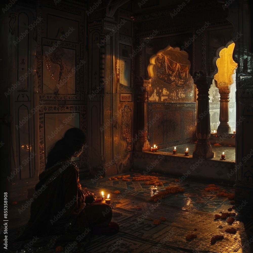 Fototapeta premium Contemplative Moment in an Indian Temple: A Woman Sits in Deep Thought Amidst Lit Candles and Colored Decorations.