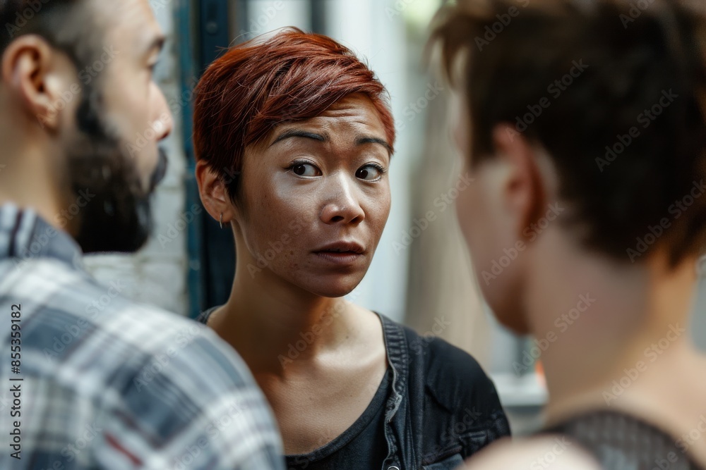 Portrait of young Asian man and woman looking at each other in the mirror. Portrait of young Asian man and woman looking at each other in the mirror.