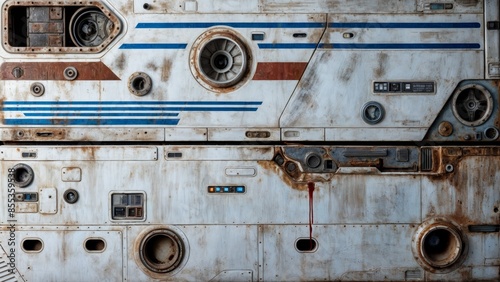 A close-up of a spaceship hull showing weathered metal panels with blue and red stripes