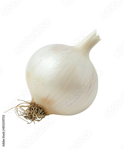 A whole raw white onion with a papery outer skin and a short stem, isolated on a white background.