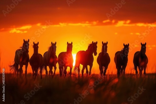 herd of majestic horses silhouetted against fiery orange sunset sky in peaceful meadow equine photography © Lucija