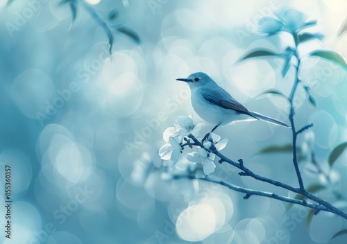 Nature's Silence: A Serene Bird Perched on a Branch Amidst Blurred Flowers