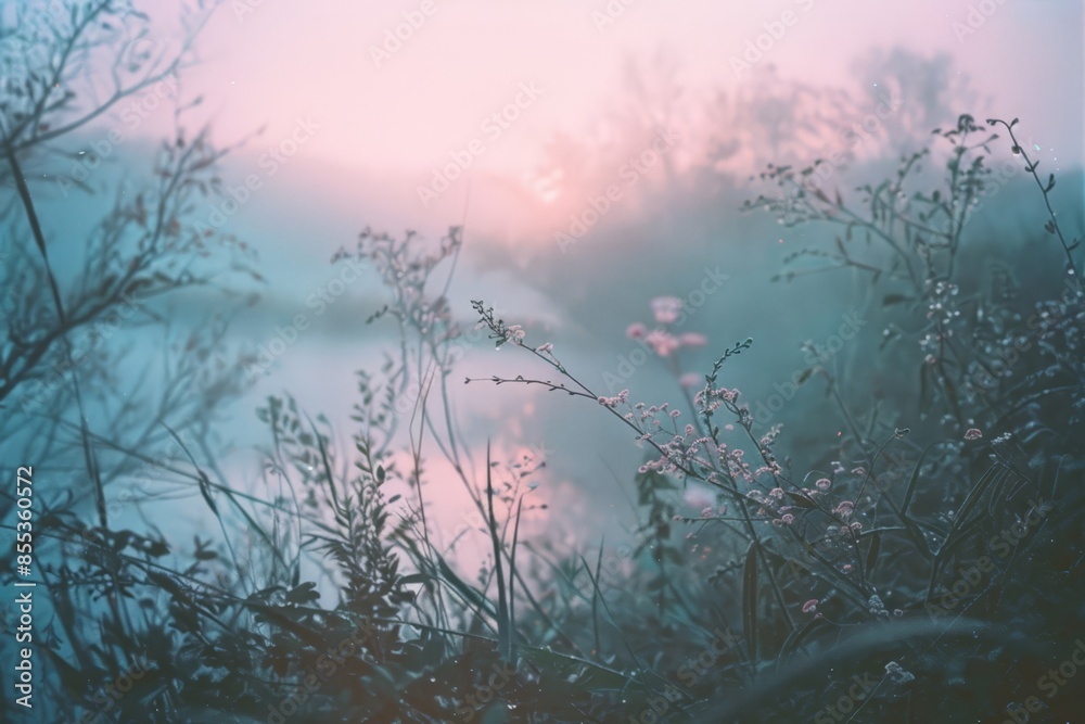 Nature's Serene Sunrise Scene: Calm Lake and Lush Riverbank with Mist and Dew Nature's Serene Sunrise Scene: Calm Lake and Lush Riverbank with Mist and Dew