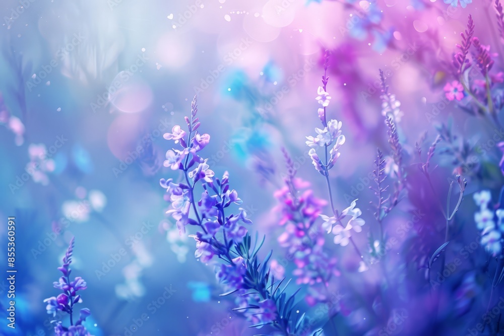 Vibrant Flower Field in Blurred Background, Purple and Blue Flowers, Beautiful Landscape Scene for Stock Images Vibrant Flower Field in Blurred Background, Purple and Blue Flowers, Beautiful Landscape Scene for Stock Images