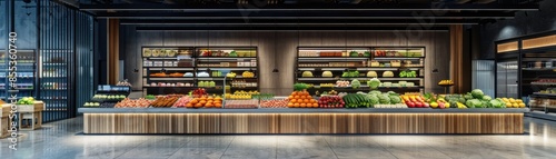 A large produce section in a grocery store. The produce is displayed on a counter with a wooden frame. The produce includes a variety of fruits and vegetables such as apples, oranges, and broccoli photo