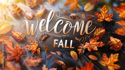 Wallpaper Mural A close-up image of fall leaves arranged around the words Welcome Fall on a dark background Torontodigital.ca