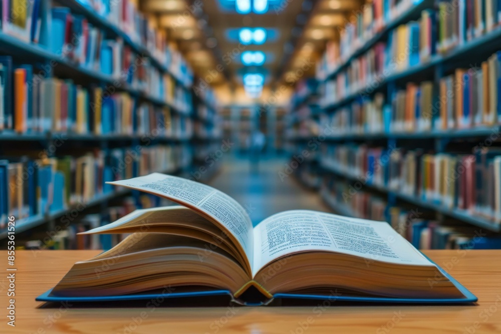 Open book in a brightly lit library, focus on depth with shelves full of colorful books in the background, concept of knowledge, education, reading, and academic research. Open book in a brightly lit library, focus on depth with shelves full of colorful books in the background, concept of knowledge, education, reading, and academic research.