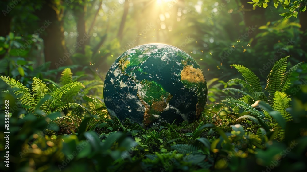 Globe in lush forest with sunlight, nature conservation concept Globe in lush forest with sunlight, nature conservation concept