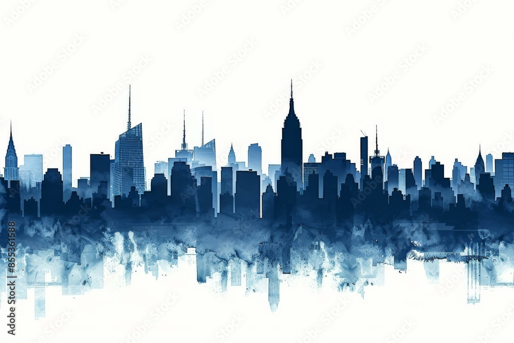 Modern New York City skyline watercolor illustration featuring iconic ...