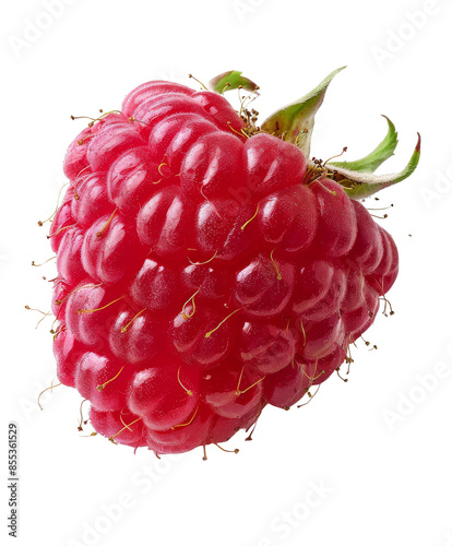 A bright red raspberry with a bumpy texture and round shape, isolated on a white background.