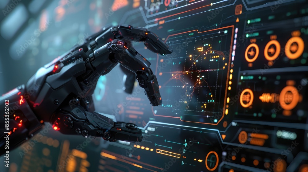 Close-up of a futuristic robot hand interacting with a digital interface displaying machine learning algorithms and data points Close-up of a futuristic robot hand interacting with a digital interface displaying machine learning algorithms and data points