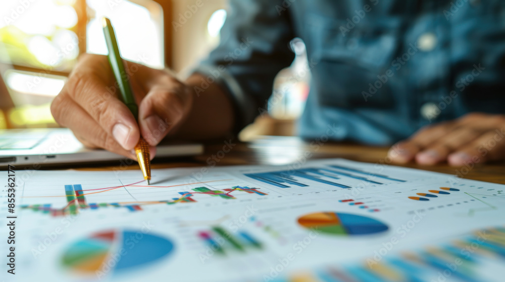 Close-up of hand writing on financial documents with charts, representing data analysis and business strategy planning.
