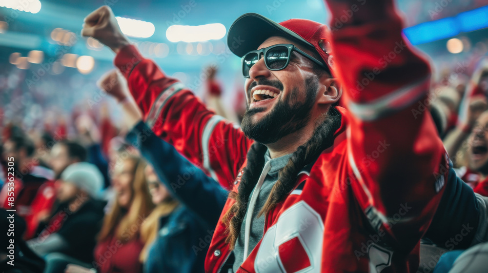 A joyful sports fan in a red jersey cheers enthusiastically during a live game in a crowded stadium. A joyful sports fan in a red jersey cheers enthusiastically during a live game in a crowded stadium.