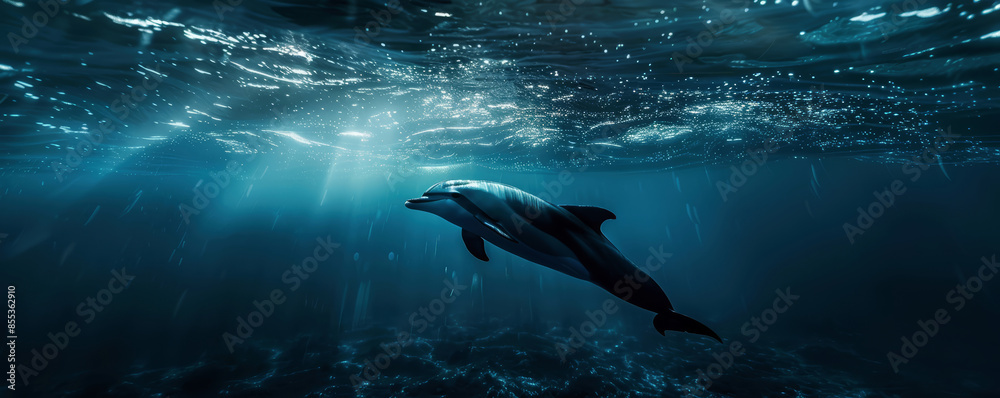 Naklejka premium Dolphin swimming underwater under sea life with sunbeams