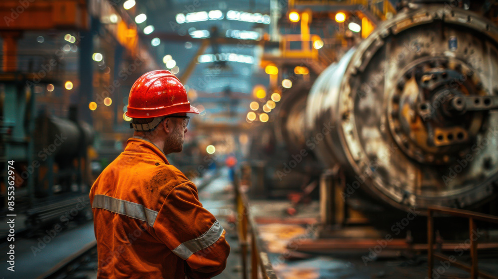 Industrial worker in red safety gear and hard hat inspecting machinery in a large, illuminated factory, emphasizing safety and maintenance. Industrial worker in red safety gear and hard hat inspecting machinery in a large, illuminated factory, emphasizing safety and maintenance.