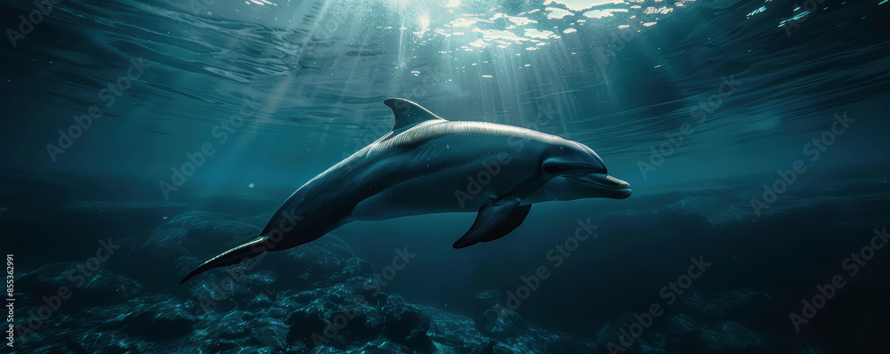 Naklejka premium Dolphin swimming underwater under sea life with sunbeams