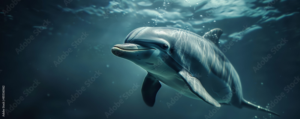 Naklejka premium Dolphin swimming underwater under sea life with sunbeams